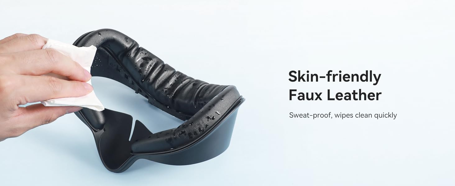 Black faux leather shoe with textured upper. Hand demonstrating flexibility of the sole. Text indicates 'Skin-friendly Faux Leather'.
