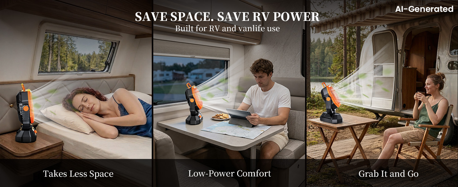 Made for RV life, this portable fan for tent offers space-saving, low-power cooling