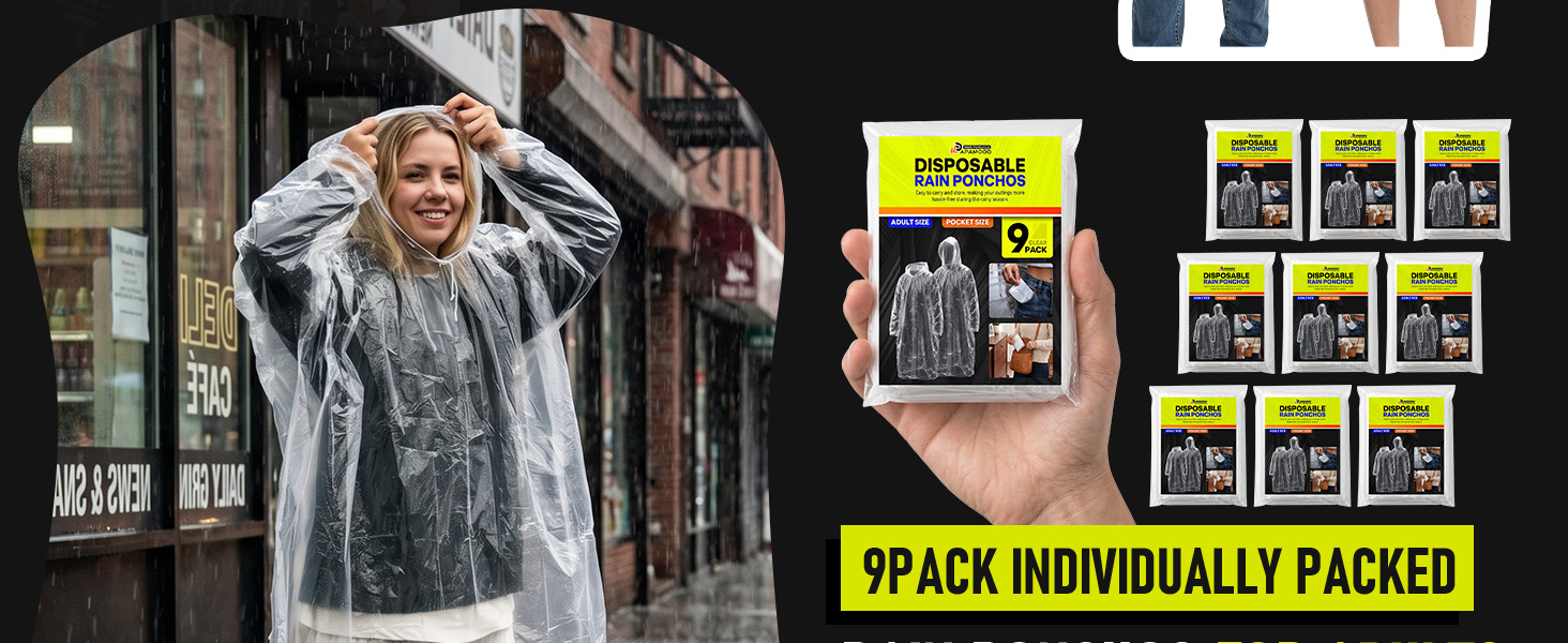 Emergency disposable poncho for men, with hood and pocket, compact for travel.
