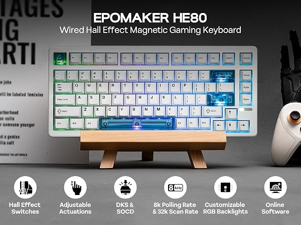 Close-up views of a mechanical keyboard layout, displaying different key configurations and RGB backlighting effects against dark background.