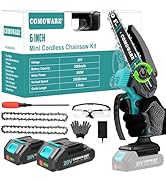 COMOWARE Mini Chainsaw Cordless, 6" Small Chainsaw with 2Pcs 2.0Ah Batteries, Portable Hand Chain...