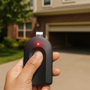 A hand holding the ergonomic garage door remote, about to press the button to open the door.