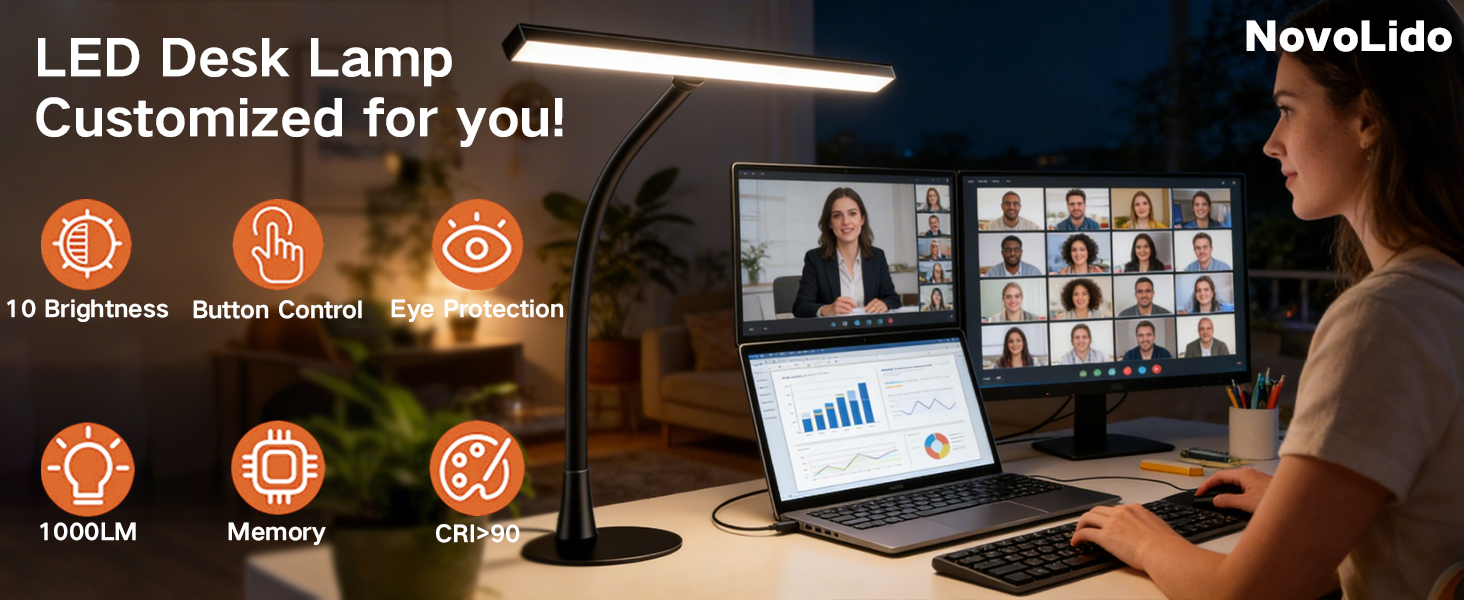 Text reads 'LED Desk Lamp' and 'Customized for you!' Product demonstration showing desk lamp illuminating workspace with video call screens visible.