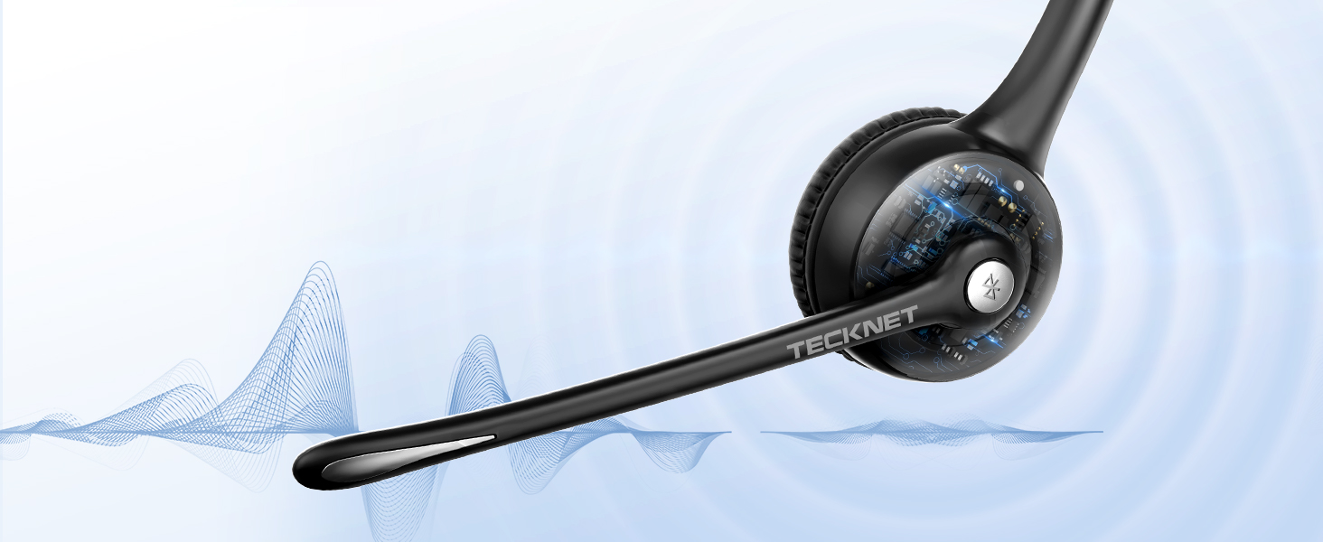 Wireless headset with a sleek black design featuring a curved microphone boom and an earpiece with blue illumination, displayed against a backdrop of sound waves.