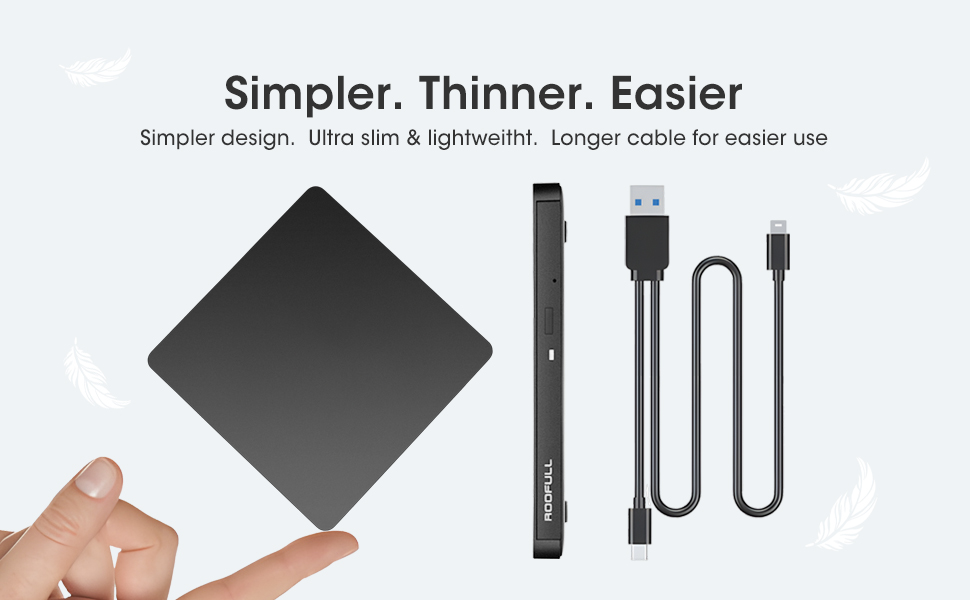 ROOFULL Ultra-Thin External CD DVD Drive USB 3.0 &amp; USB-C CD Burner DVD Player for Laptop