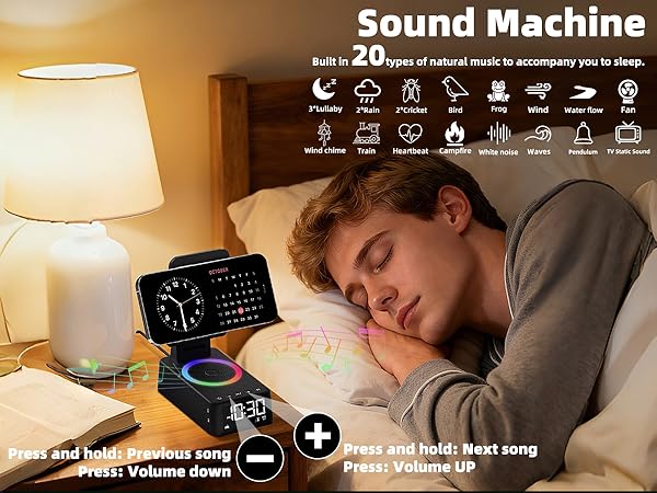 Text reads 'Sound Machine'. Interface showing sleep-related controls and icons including moon, cloud, and various sound options. Shows bedroom scene with table lamp.