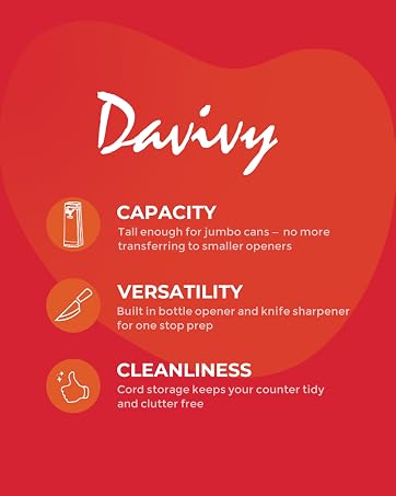 Davivy can opener jumbo-can compatible, built-in bottle opener &amp;amp; knife sharpener, cord storage