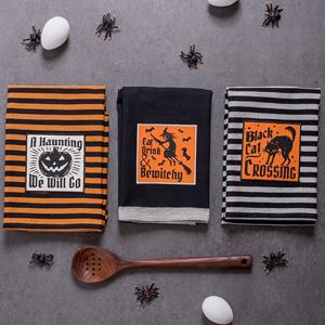 dishtowels, kitchen, baking, cooking, hanging, embroidered, black cat, pumpkin, orange, black