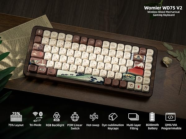 75% Wireless Mechanical Keyboard with QMK/VIA, WD75 V2 Retro Creamy Gaming Keyboard