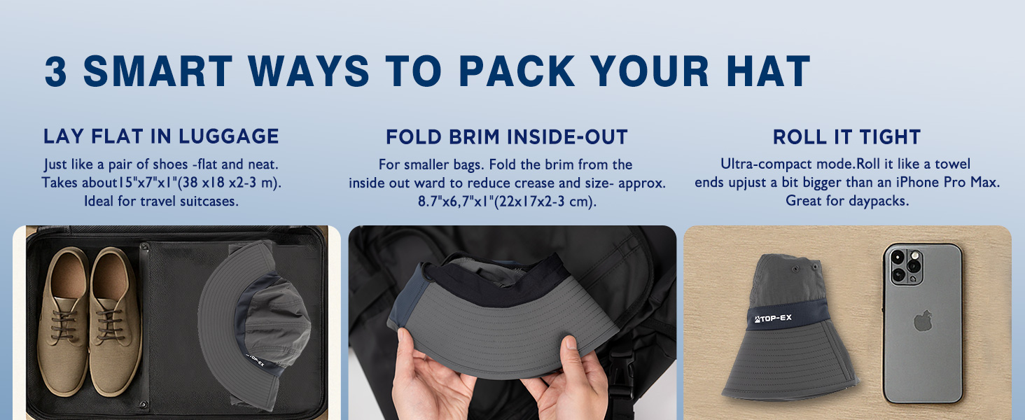 3 ways to pack TOP-EX sun hat—lay flat, fold brim inside-out, or roll tightly for travel