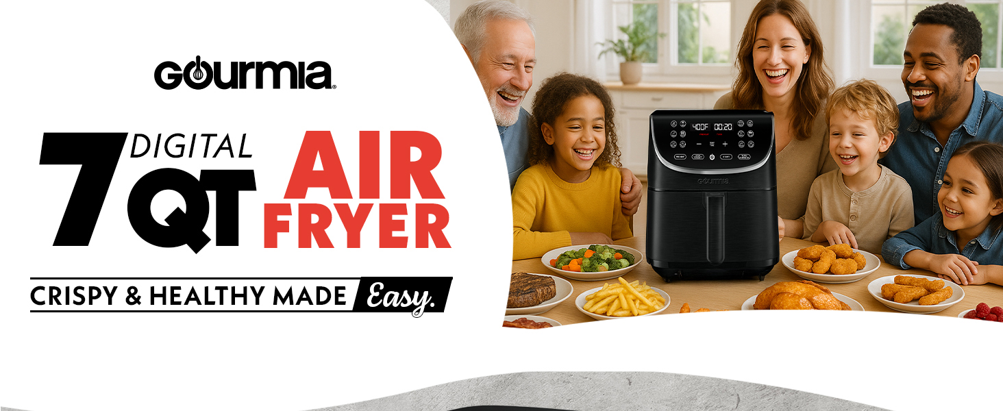 Gourmia 7-Quart Digital Air Fryer in black with stainless steel accents, front view digital display 