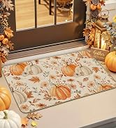 Fall Door Mat 17'' X 30'' Autumn Farmhouse Pumpkin Floral Decor Door Rugs | Entrance Rugs for Fal...