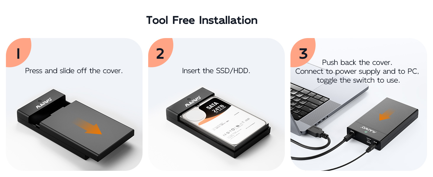 tool free 5Gbps 2.5 3.5 hard disk reader adapter caddy case ingenious slide-off cover design