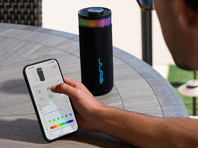 A person using the JLab app to adjust the RGB party light settings