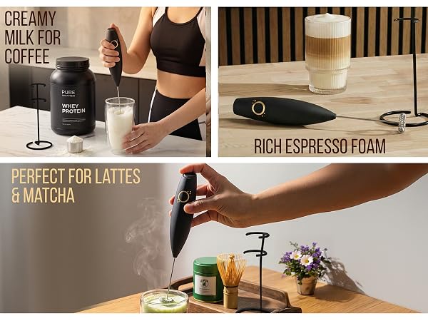 Hand using milk frother to froth matcha and milk in glass cups on a wooden table