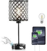 Crystal Touch Control Table Lamp with 2 USB Charging Ports, 3-Way Dimmable Black Crystal Table Be...