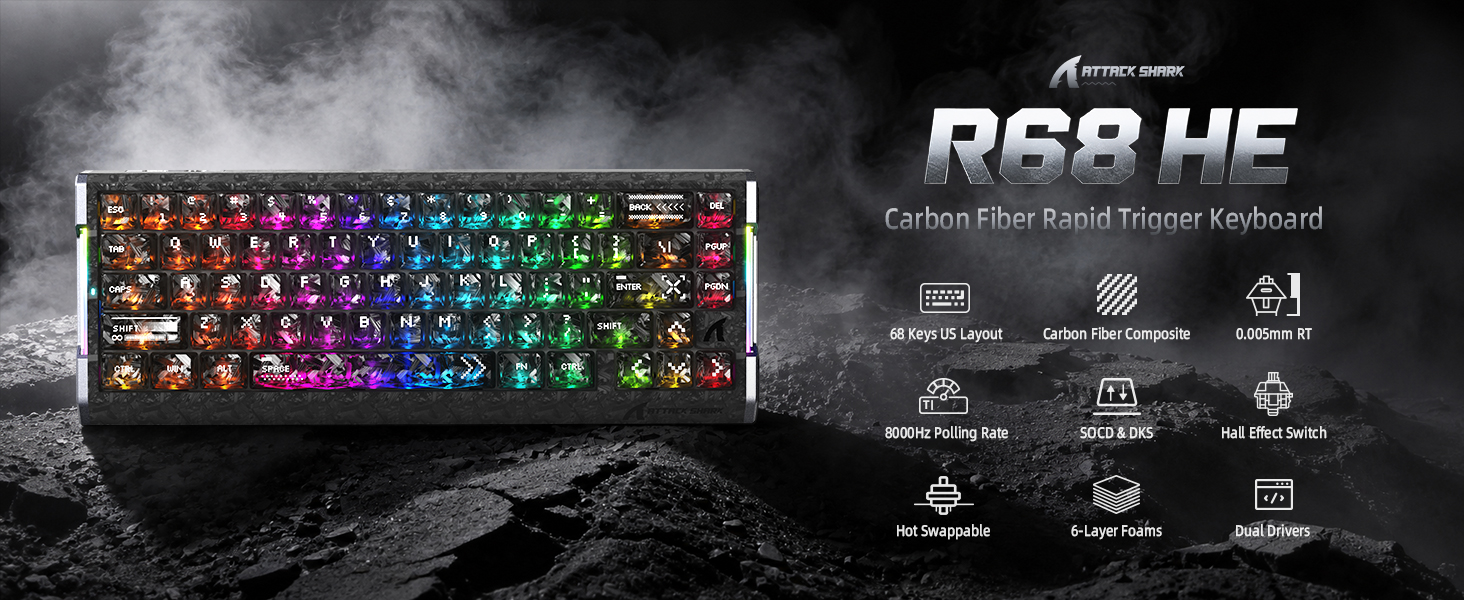 ATTACK SHARK R68 HE 60% Wired Rapid Trigger 8K Mechanical RGB Gaming Keyboard with 0.005mm Accuracy