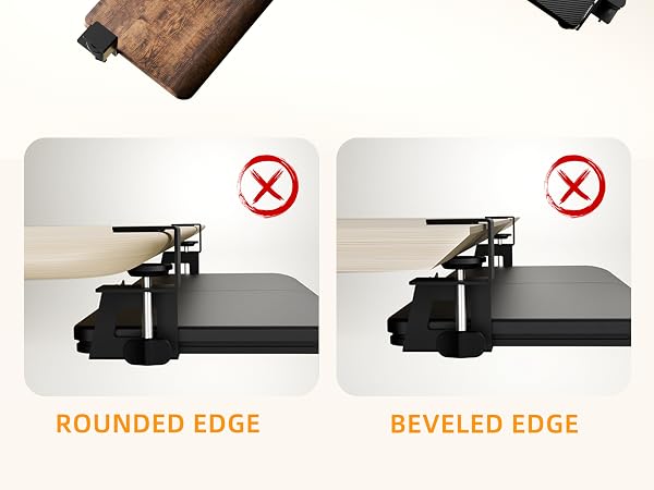 Text reads 'ROUNDED EDGE' and 'BEVELED EDGE'. Product comparison images showing two different edge styles on what appears to be furniture or equipment pieces.