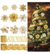 RECUTMS 72 Pcs Poinsettia with Snowflakes &amp; Ribbon, 9 Designs Glitter Gold Artificial Christmas F...