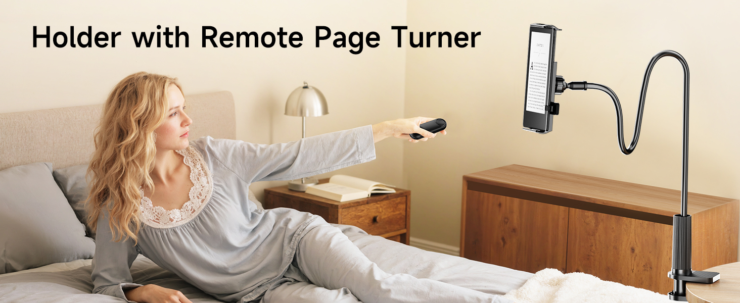 Text reads 'Holder with Remote Page Turner'. Flexible gooseneck phone mount holder shown in use above bed, with device mounted for hands-free viewing.