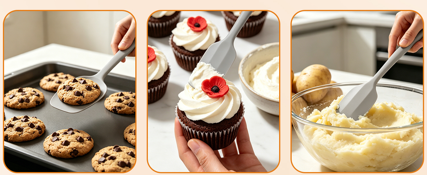 Silicone spatula spreads toast frosting, cakes, and stirs fried rice