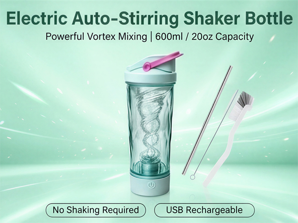 Electric shaker bottle with USB charging, 600ml capacity, straw, and cleaning brushes.