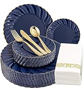 YOUBET 150PCS Blue Plastic Plates - Gold Plastic Silverware - Heavy Duty Navy Blue Disposable Pla...