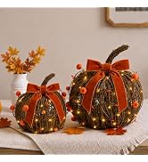 KnomeKo Lighted Fall Pumpkin Decor 2 Pack Rattan Pumpkins with Velvet Bow | Wicker Pumpkin Rustic...