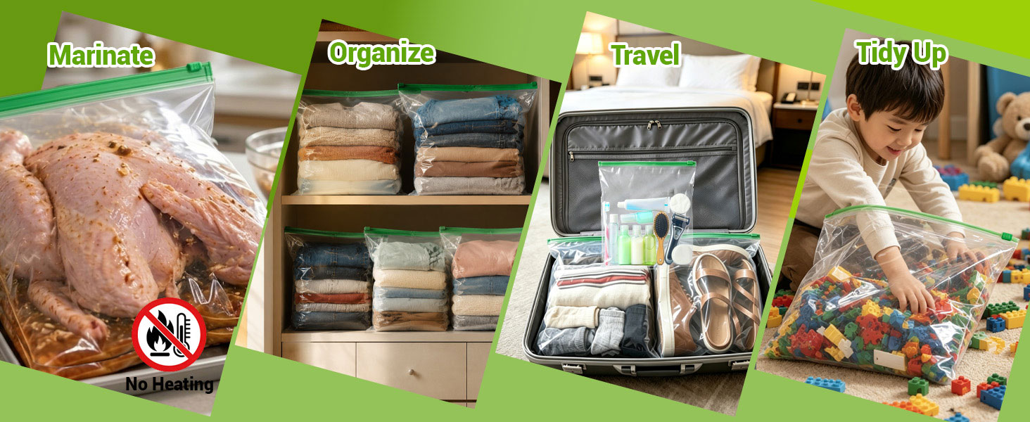 Xsourcer bags: marinate, organize, travel, tidy, no heat.