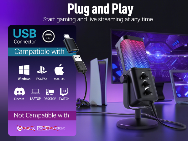 Text reads 'Plug and Play', 'USB Compatible with', 'Not Compatible with'. Gaming-related interface showing platform compatibility icons including Windows, PlayStation, and Apple logos against purple background.