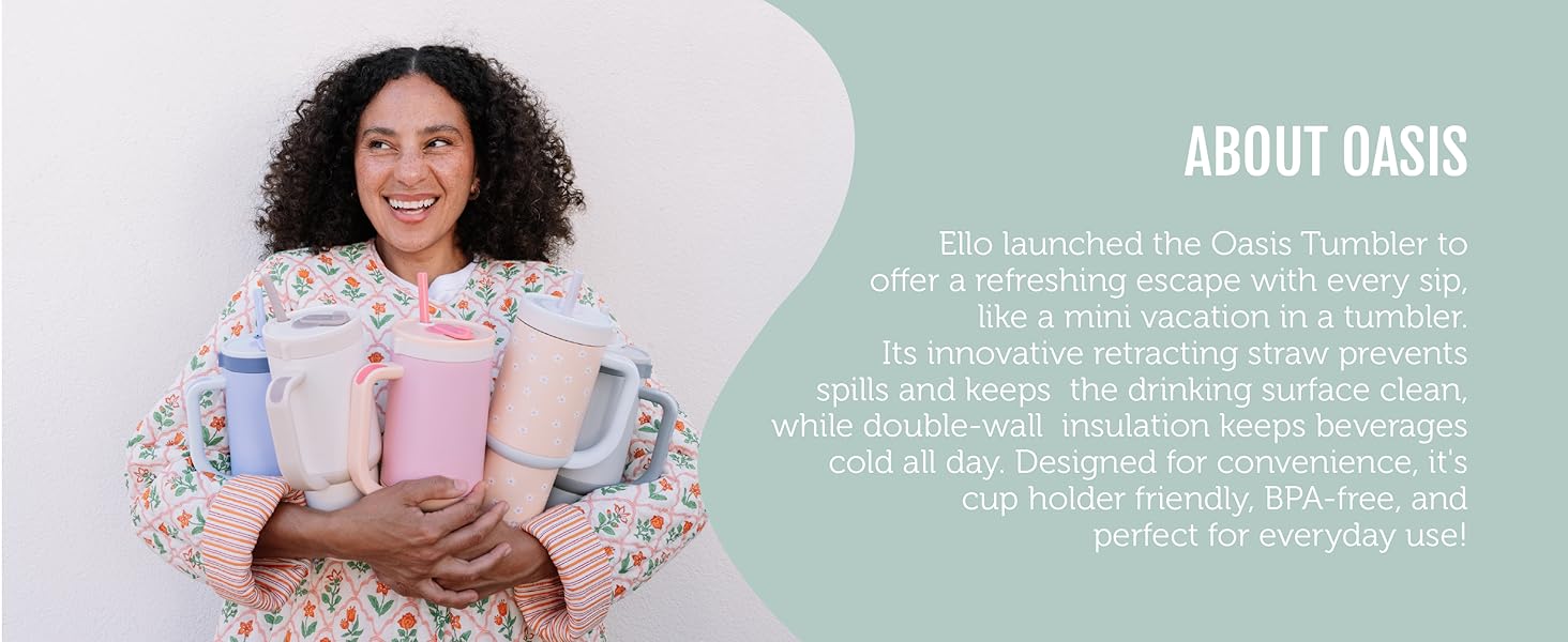 Ello Oasis Tumbler with Handle &amp;amp; Retracting Straw Reusable Insulated Stainless Steel 100% Leakproof