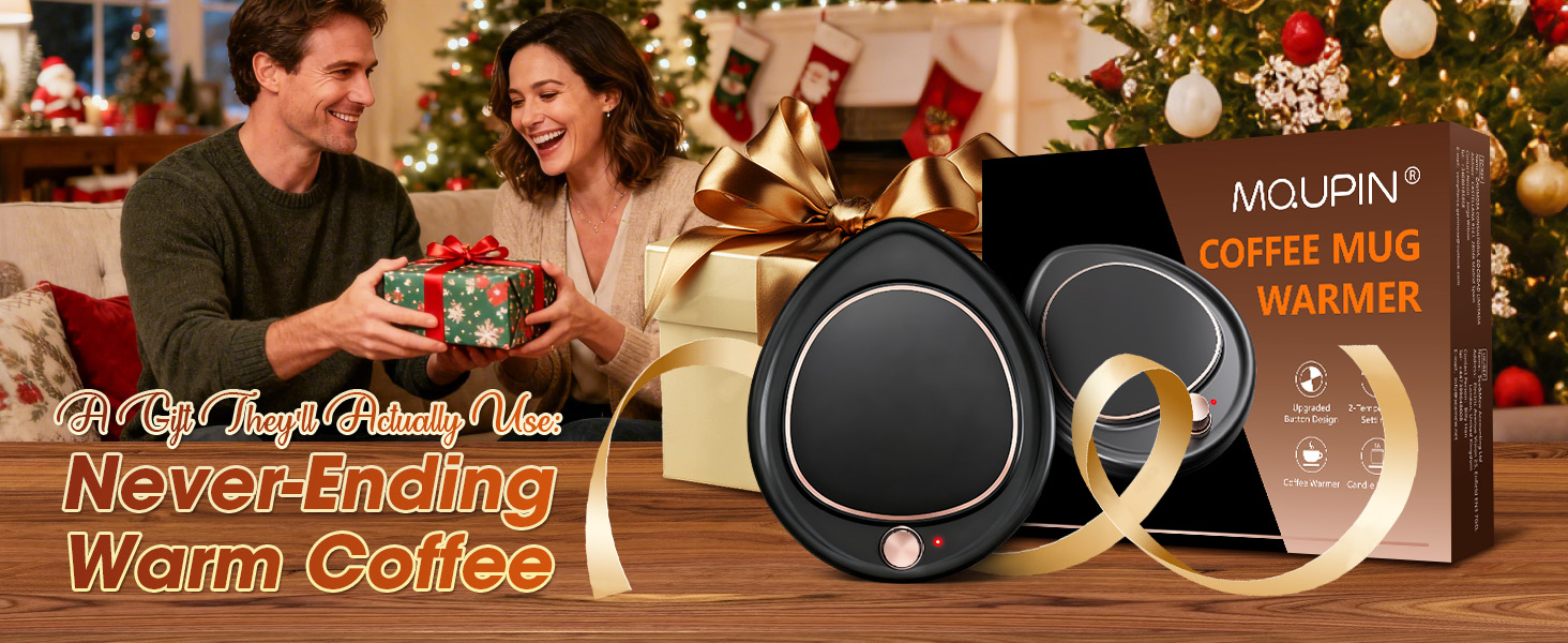 Text reads 'MCLJKTN', 'COFFEE BAND WARMER', 'Warm Coffee'. Product images showing black circular coffee mug warmer device.