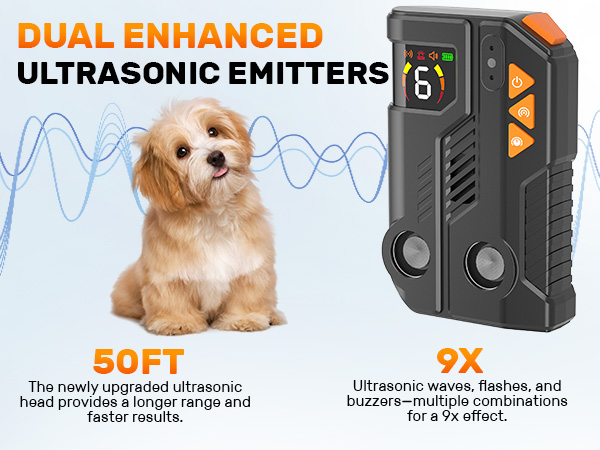 Dual Enhanced Ultrasonic Emitters Dog Bark Deterrent Device, Larger. Stronger. Wider Coverage.