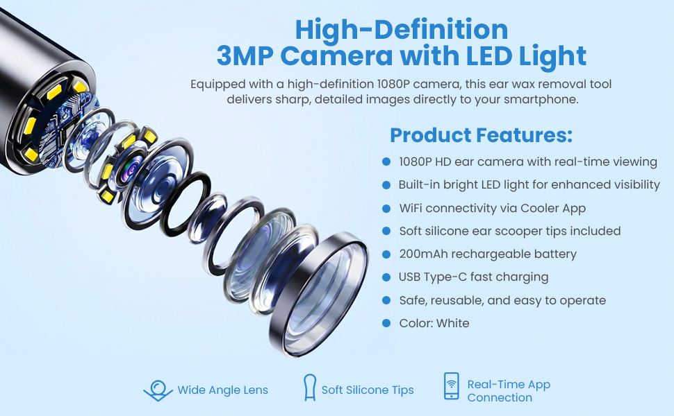 1080P ear wax removal camera with LED light and rechargeable battery