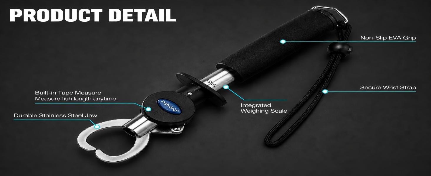 Fishing lip gripper with built-in scale and tape measure