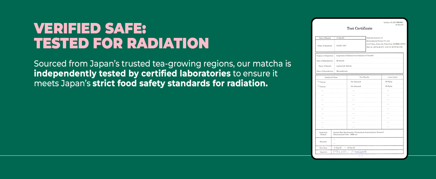 Radiation testing certificate confirming matcha meets Japanese safety standards
