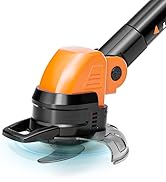 Close-up product shots of black and orange power tool head attachment, showing different angles of the cutting or trimming mechanism.