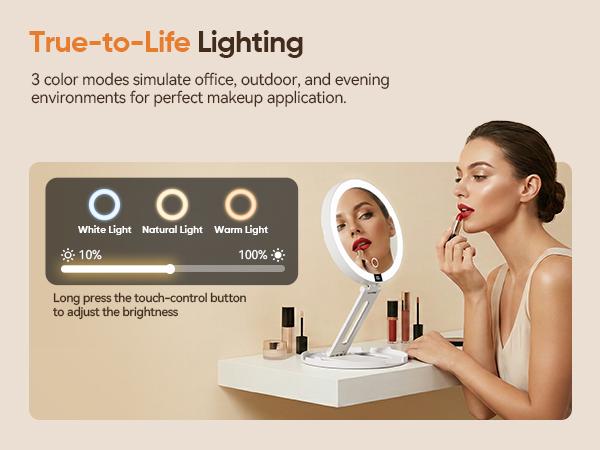Lighted makeup mirror with white natural and warm light settings for perfect application