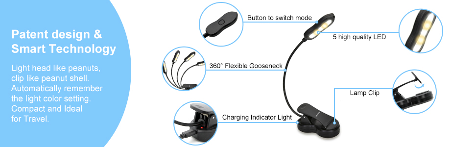 clip on book light book light for reading in bed at night rechargeable book light 