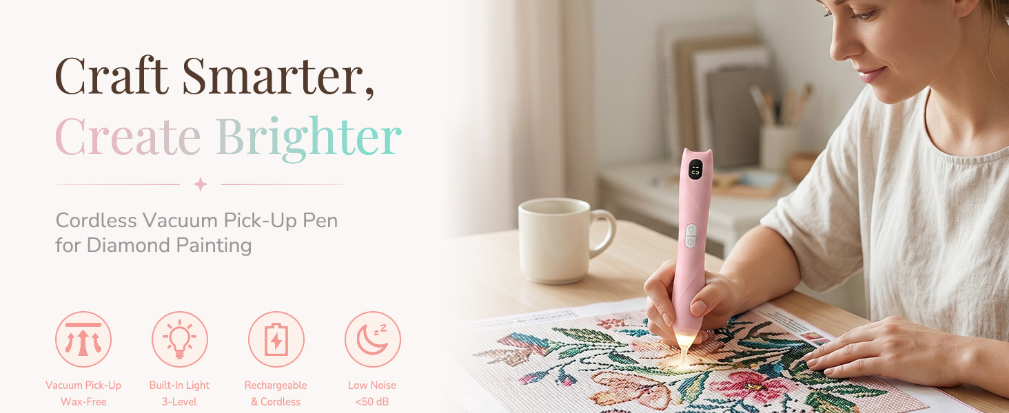 Electric Diamond Painting Vacuum Pen with Light, Wax-Free Cordless, 3 Suction Level, Ergonomic Grip