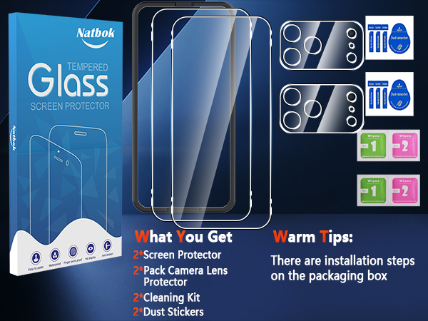 Text reads 'Glass Screen Protector'. Package shows screen protector for mobile device with tempered glass sheets, cleaning kit, and installation steps depicted on packaging.