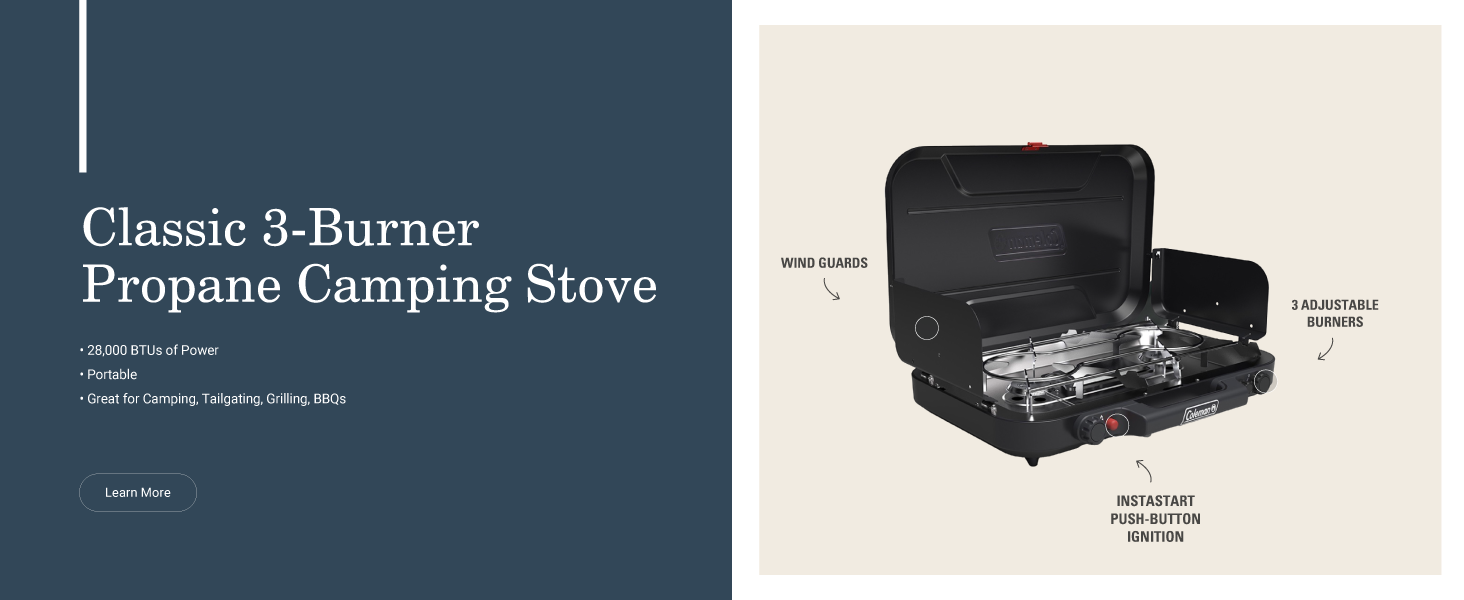 coleman classic three burner propane camping stove portable camping tailgate grill bbq wind guard