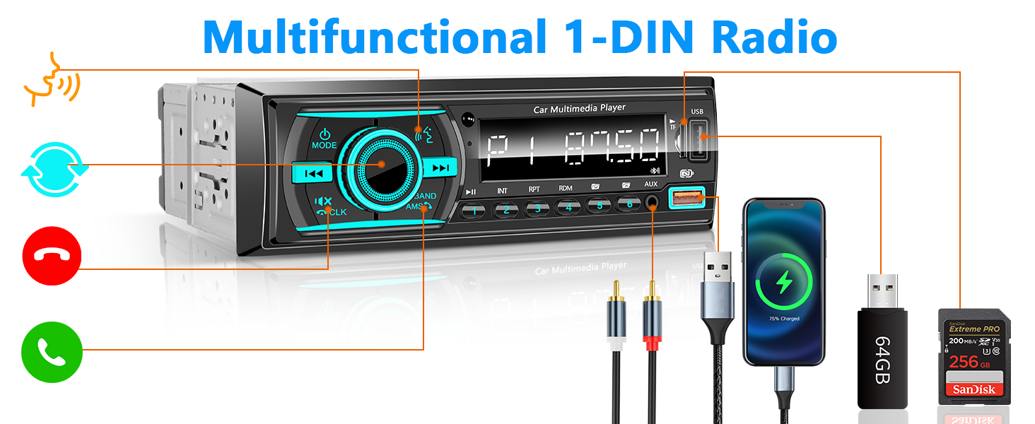 single din car stereo receiver bluetooth