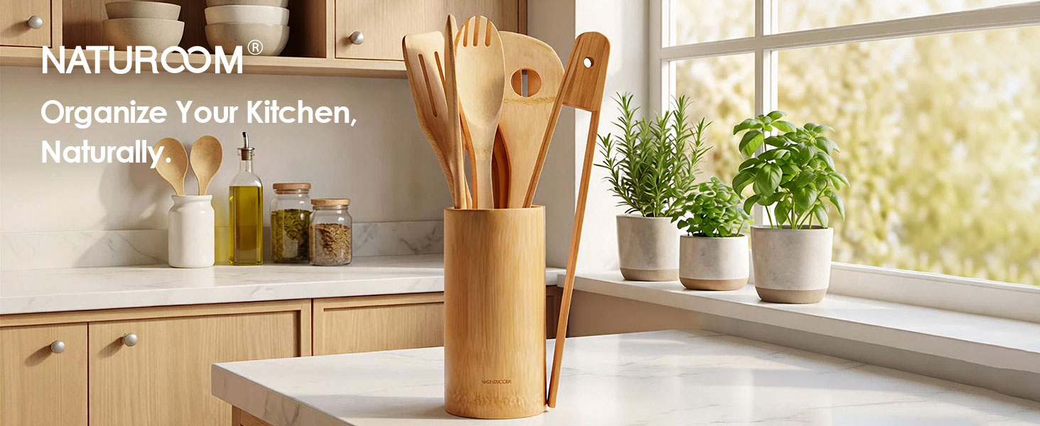 modern farmhouse kitchen decor aesthetic bamboo utensil organizer countertop storage gift