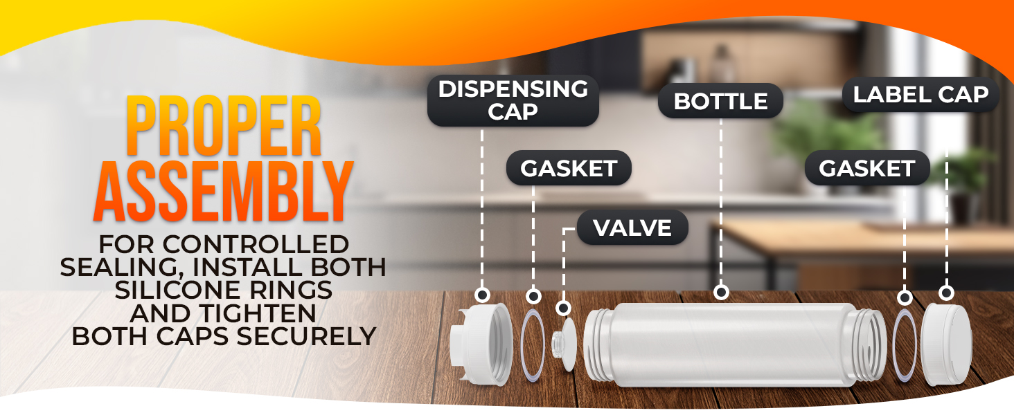 sauce dispenser bottles shown on kitchen counter, two filled and one empty beside utensils