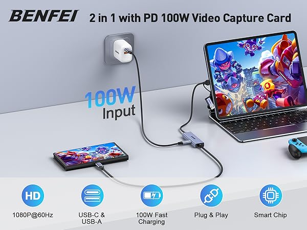 BENFEI USB C Video/Audio Capture Card Supporting Full HD 1080P 60FPS for Streaming, Recording
