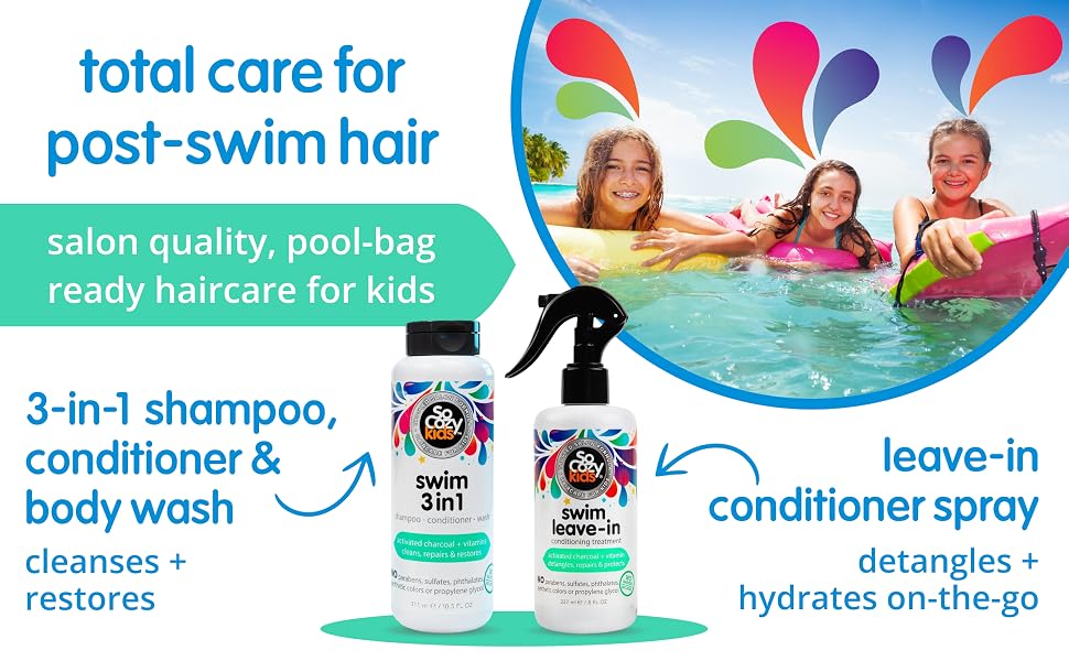 Post-swim haircare for kids with shampoo and spray conditioner for soft, tangle-free hair
