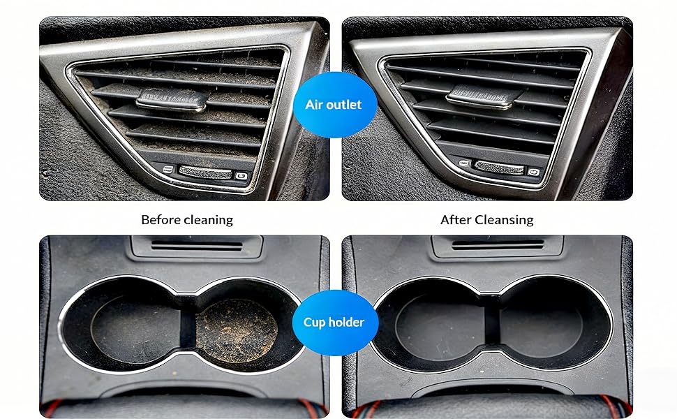 Before-and-after photos of car air vents and cup holders