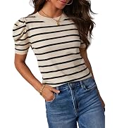 Dokotoo Women's Short Puff Sleeve Knit Tops 2024 Trendy Crewneck Striped T Shirts Casual Summer B...