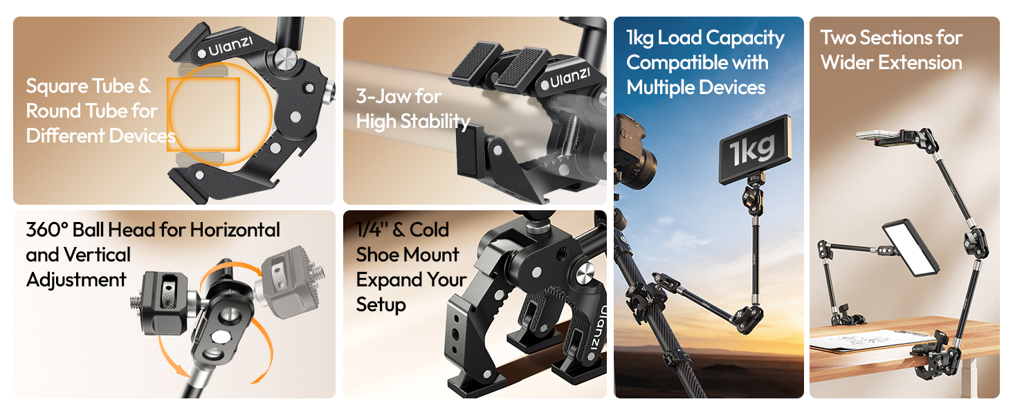 ULANZI Super Clamp Camera Clamp Mount with 2 Section Kit